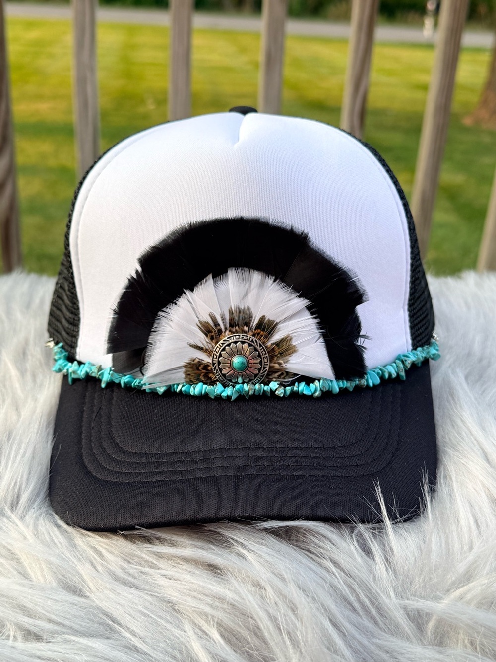 Black & White Feather Embellished Trucker Hat with Turquoise Accents
